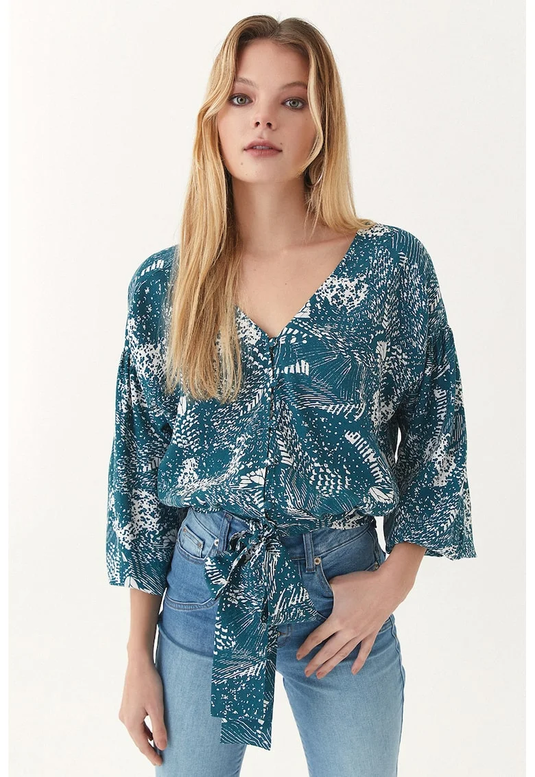 Bluza cu decolteu in V si imprimeu floral, Alb/Albastru petrol