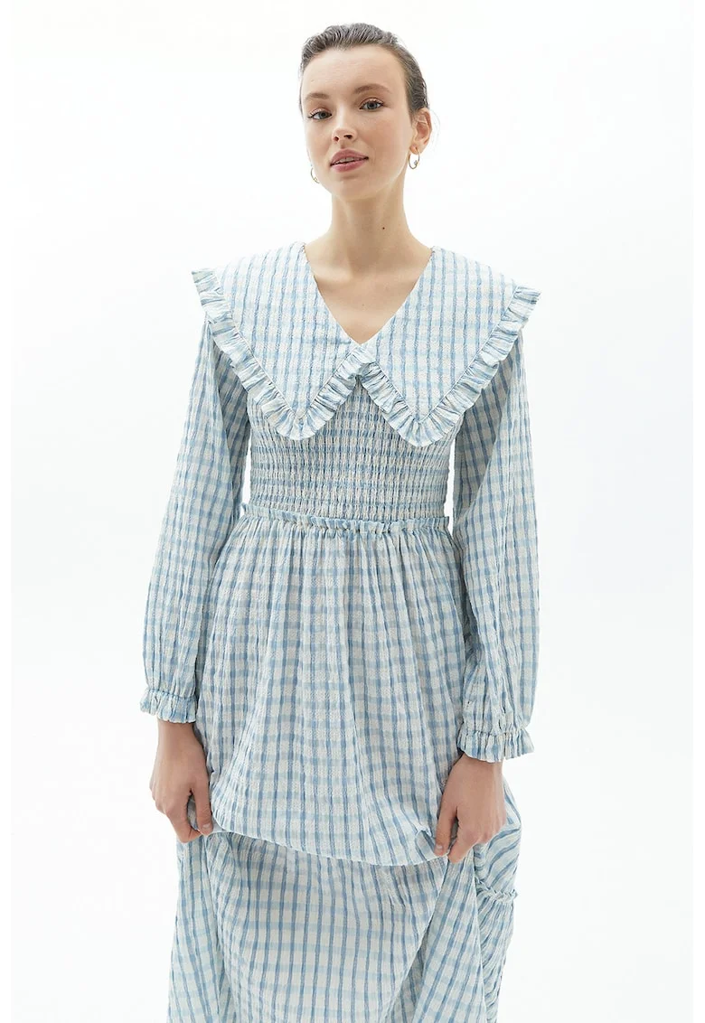 Rochie lunga cu model in carouri Papykpoti, Alb/Albastru deschis
