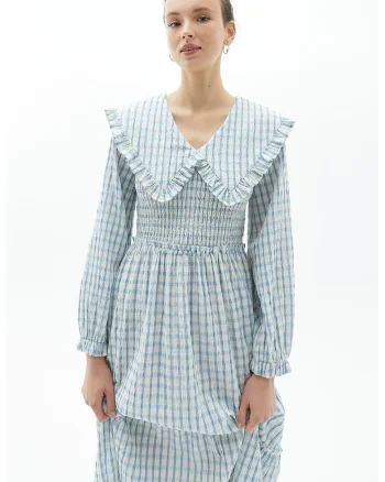Rochie lunga cu model in carouri Papykpoti, Alb/Albastru deschis