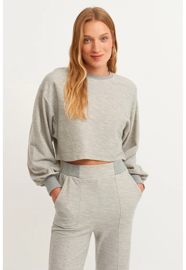 Bluza crop de trening cu maneci bufante Boskesnew, Gri melange