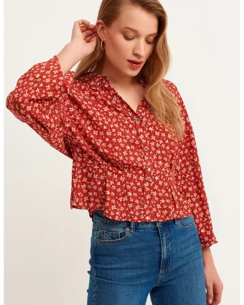 Camasa crop cu maneci lungi, Caramiziu/Crem