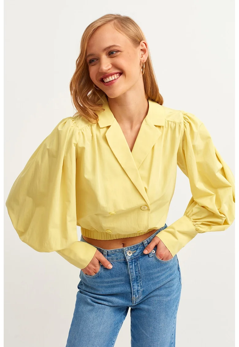 Bluza crop cu maneci bufante Popbuzgom, Galben pai