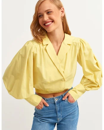 Bluza crop cu maneci bufante Popbuzgom, Galben pai