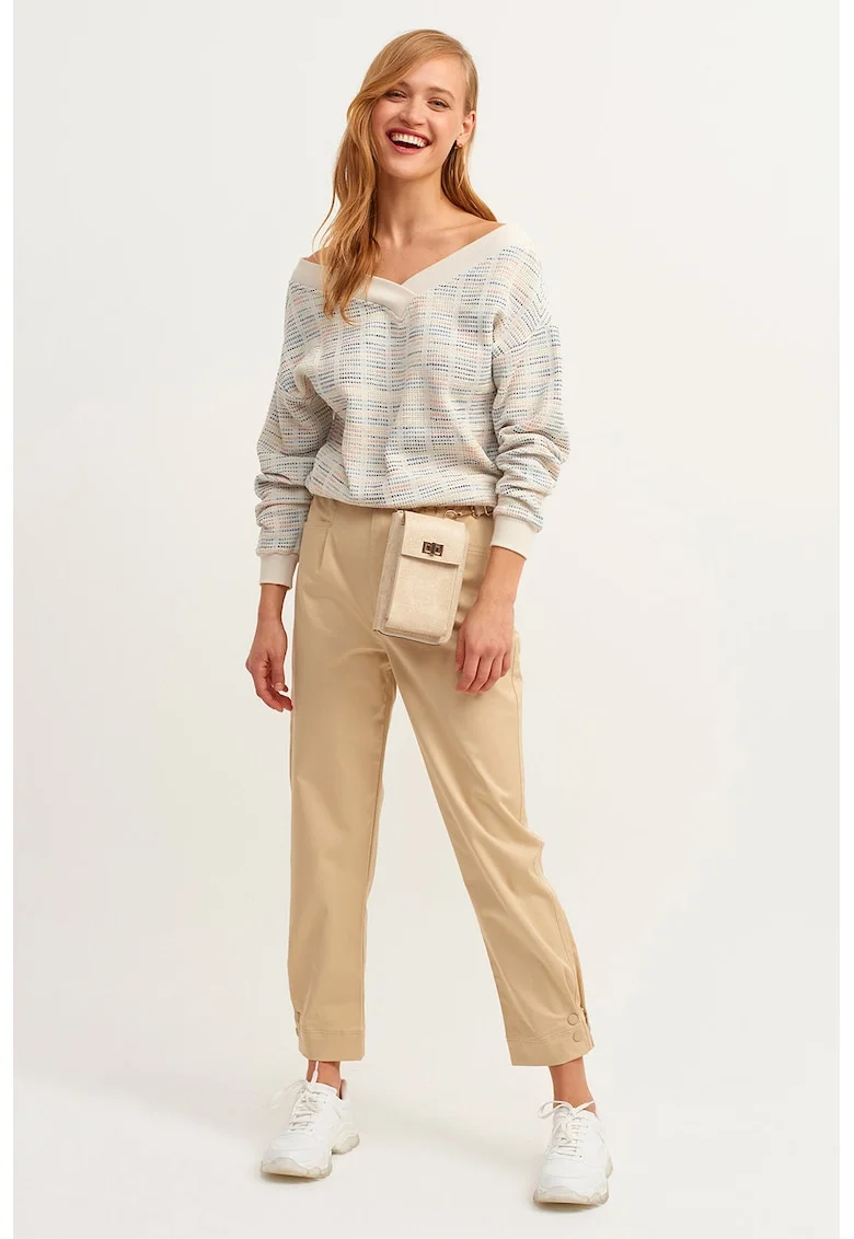 Pantaloni crop cu model uni si talie inalta, Bej
