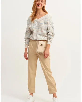 Pantaloni crop cu model uni si talie inalta, Bej