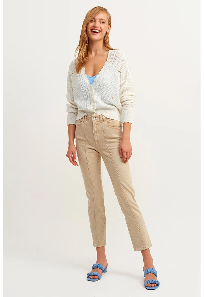 Pantaloni crop cu model uni, Maro nisip
