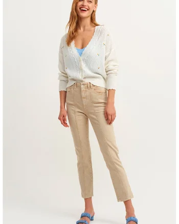 Pantaloni crop cu model uni, Maro nisip