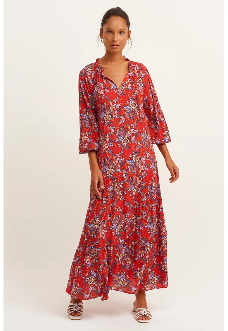 Rochie maxi cu imprimeu floral, Portocaliu/Rosu vermillion/Albastru