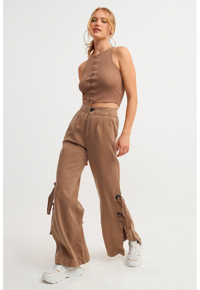 Pantaloni din amestec de lyocell cu inchideri laterale, Maro taupe