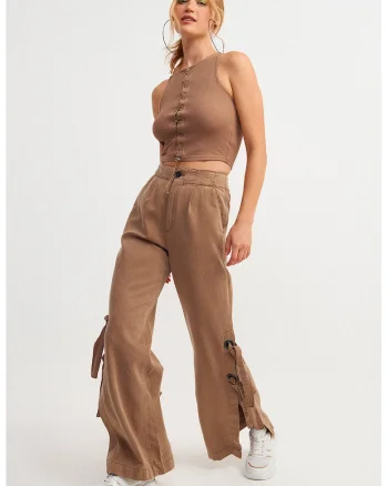 Pantaloni din amestec de lyocell cu inchideri laterale, Maro taupe