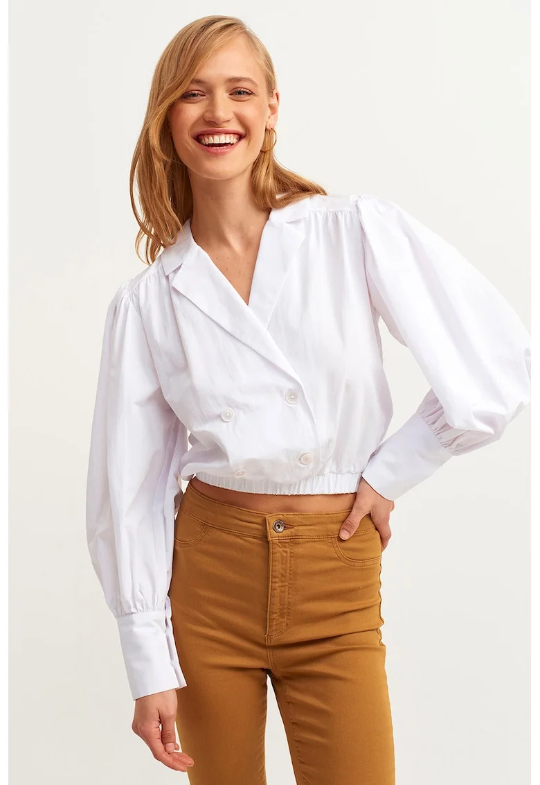 Bluza crop cu maneci bufante Popbuzgom, Alb optic