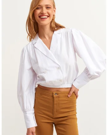 Bluza crop cu maneci bufante Popbuzgom, Alb optic