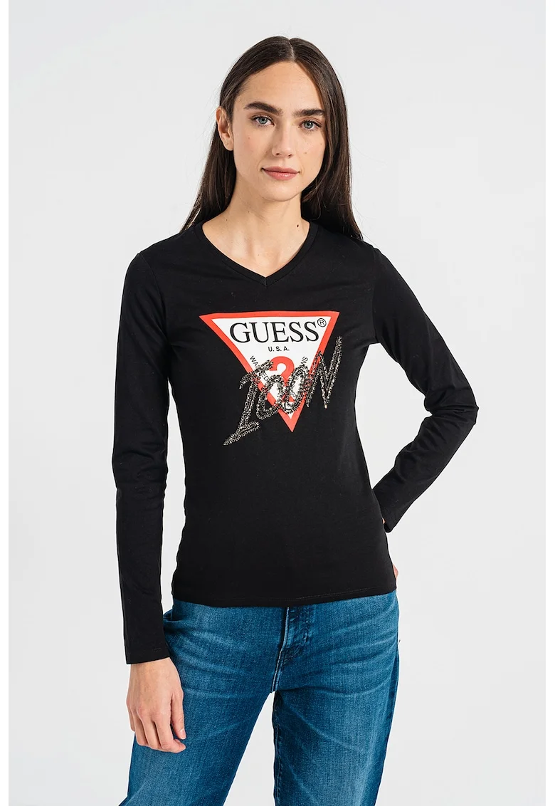 Bluza cu imprimeu logo si decorata cu strasuri, Negru