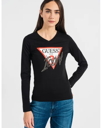 Bluza cu imprimeu logo si decorata cu strasuri, Negru