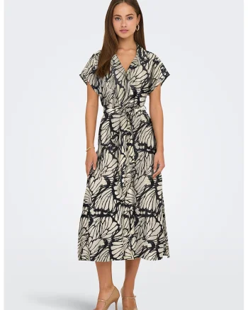 Rochie midi cu cordon in talie si model, Negru/Maro nisip