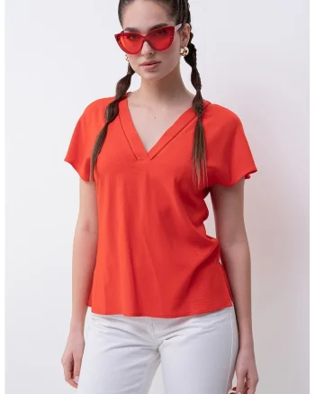 Tricou cu decolteu in V Bella, Rosu vermillion