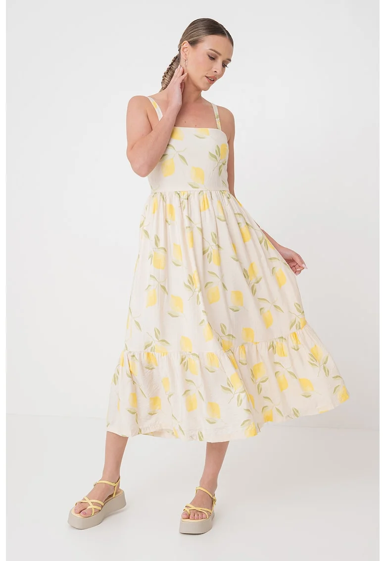 Rochie midi evazata cu decolteu patrat, Galben deschis/Bej deschis
