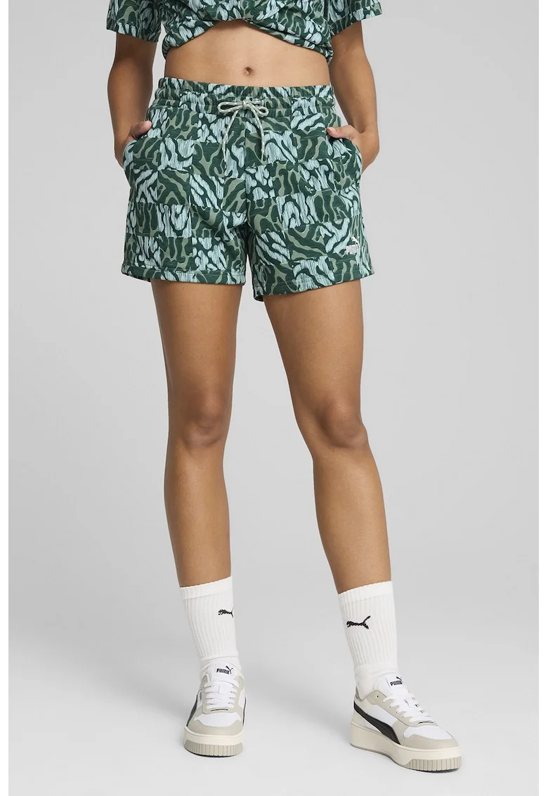 Pantaloni scurti cu imprimeu si snur de ajustare, Alb/Verde