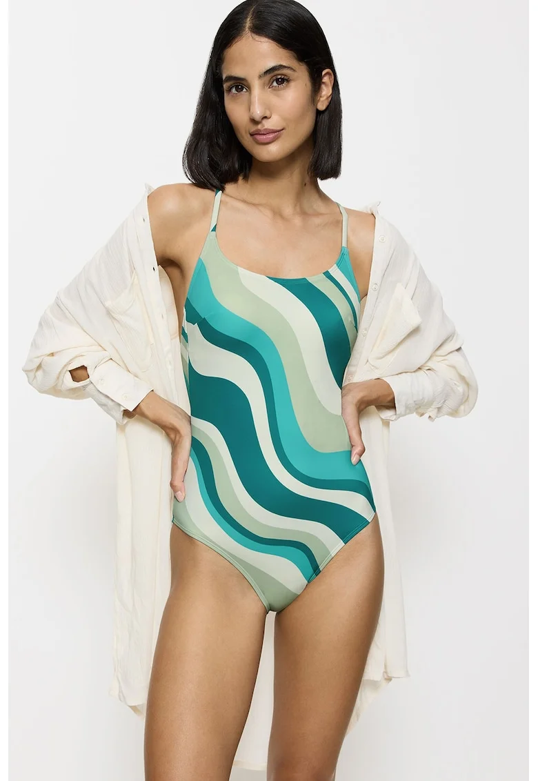 Costum de baie intreg cu model Summer, Turcoaz/Bej