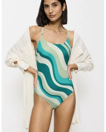 Costum de baie intreg cu model Summer, Turcoaz/Bej