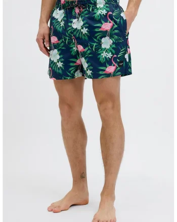 Pantaloni scurti de baie cu model si buzunare laterale, Verde/Bleumarin
