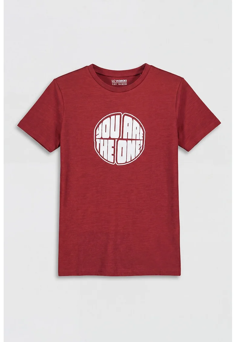 Tricou din amestec de in cu text, Visiniu,