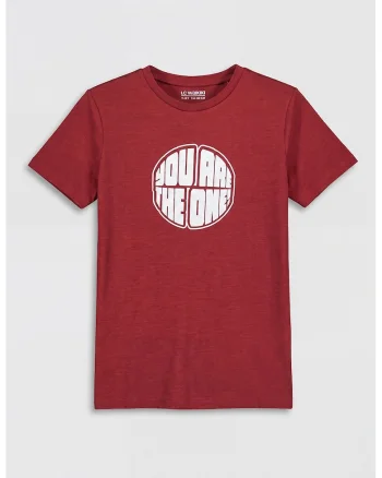 Tricou din amestec de in cu text, Visiniu,