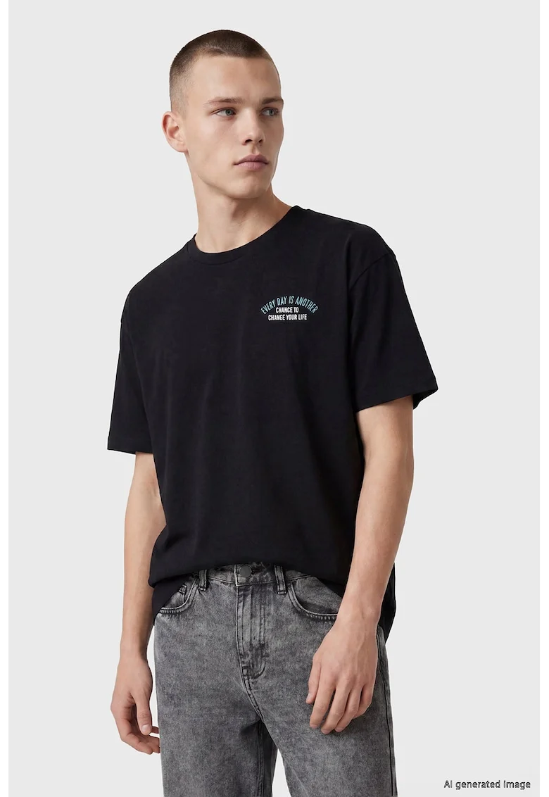 Tricou de bumbac cu imprimeu grafic, Negru,