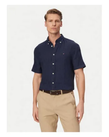 Camasa regular fit din in cu maneca scurta