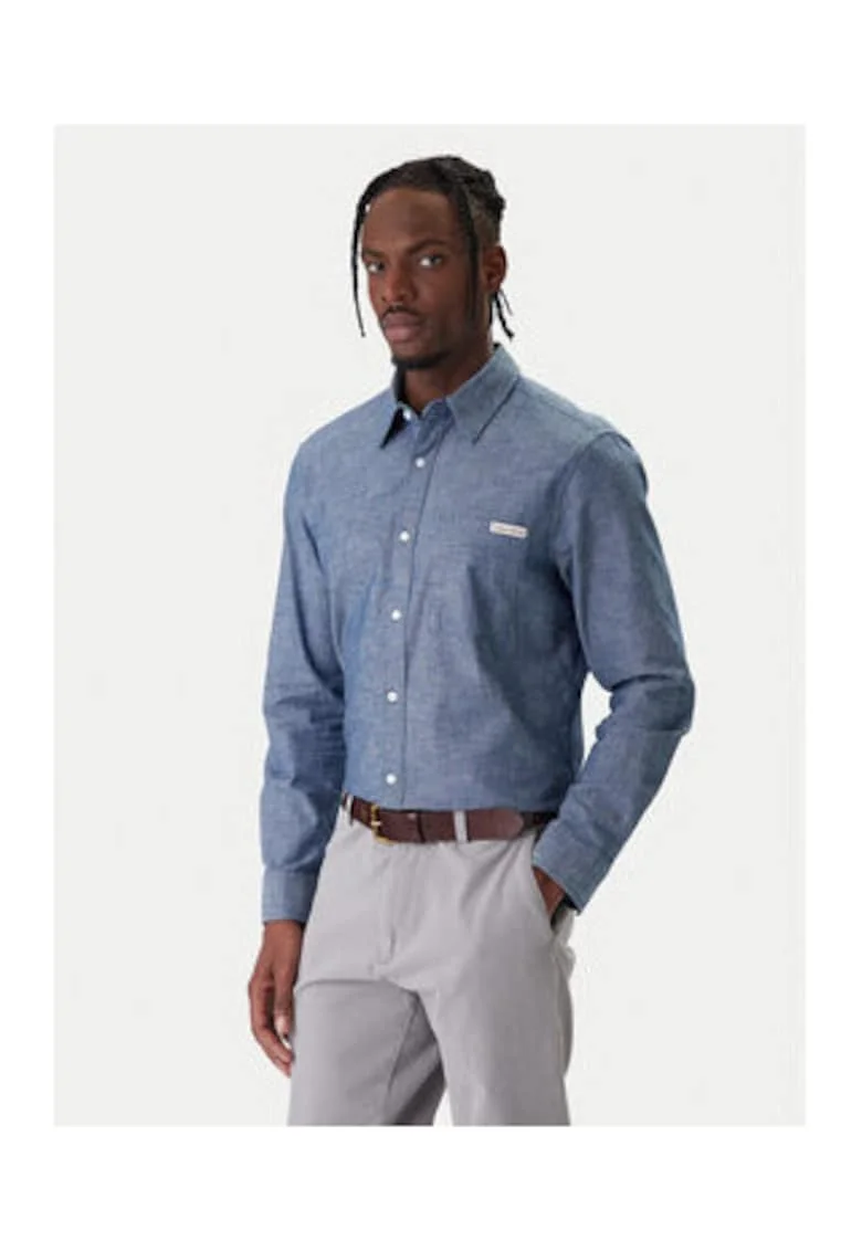 Camasa din bumbac cu model uni si guler clasic,