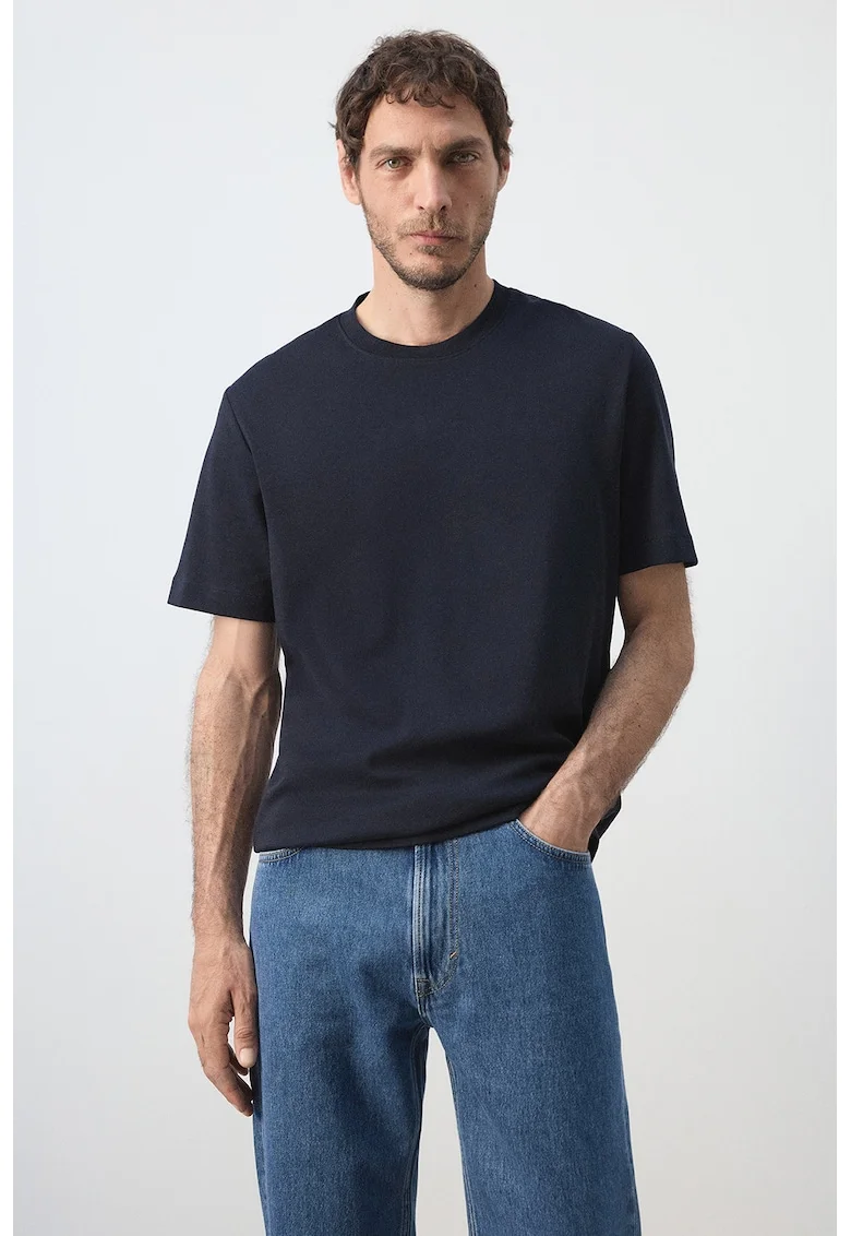 Tricou de bumbac cu decolteu la baza gatului, Bleumarin