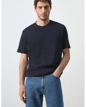 Tricou de bumbac cu decolteu la baza gatului, Bleumarin