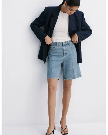 Bermude din denim cu croiala ampla si talie medie, Albastru