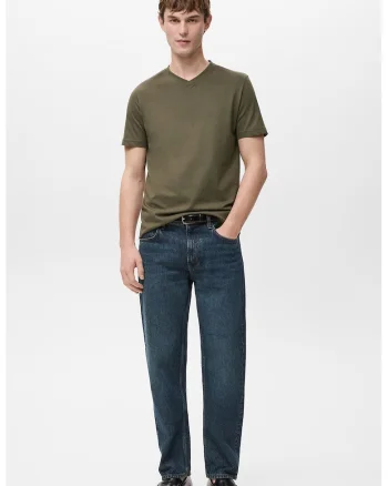 Tricou slim fit cu decolteu in V, Kaki