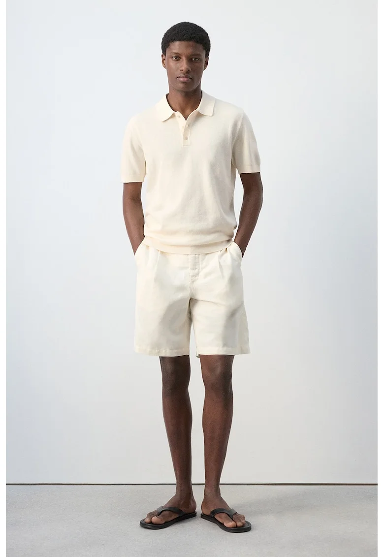 Tricou polo din amestec de bumbac cu model uni, Alb fildes