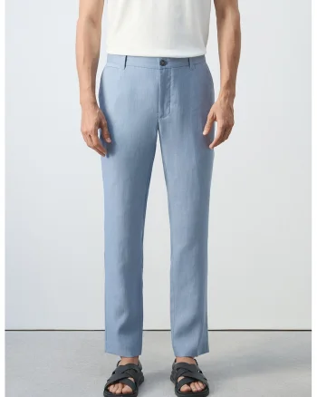 Pantaloni slim fit de in, Albastru pastel