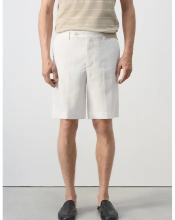 Pantaloni regular-fit din in, Crem