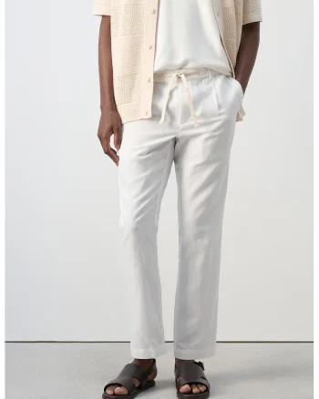 Pantaloni uni de bumbac si in, Crem