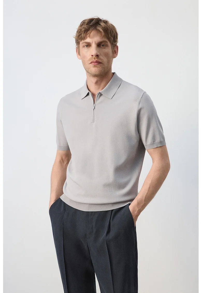 Tricou polo tricotat fin cu fermoar, Gri deschis