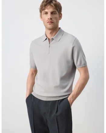 Tricou polo tricotat fin cu fermoar, Gri deschis