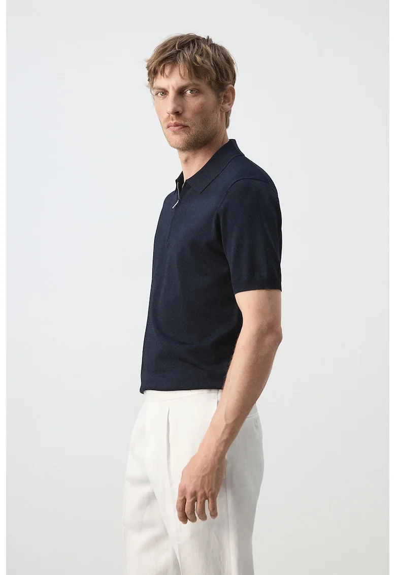 Tricou polo tricotat fin cu fermoar, Bleumarin