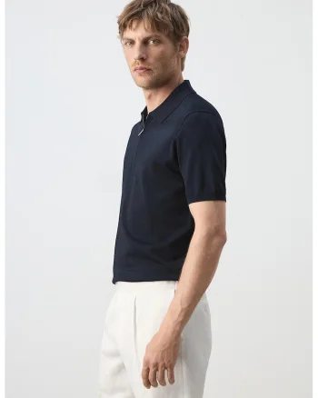 Tricou polo tricotat fin cu fermoar, Bleumarin