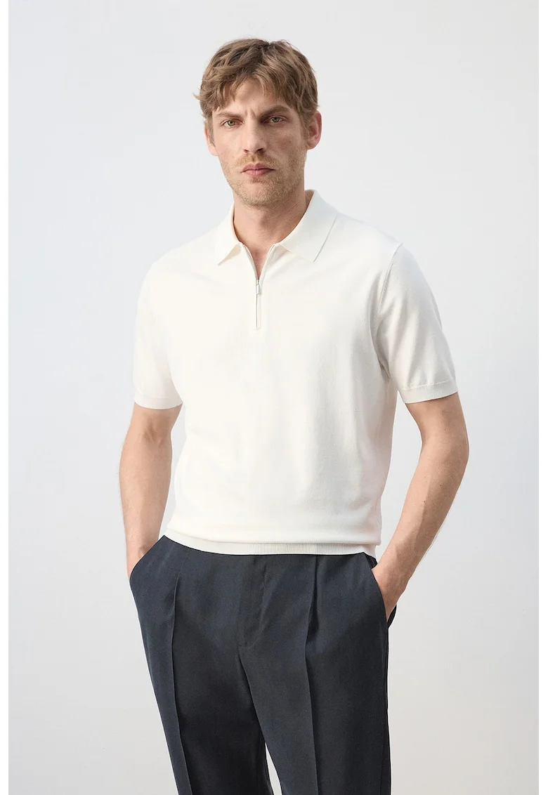 Tricou polo tricotat fin cu fermoar, Crem