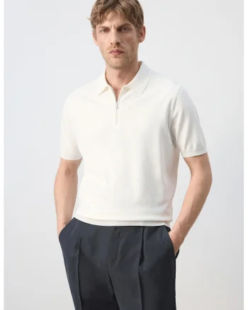 Tricou polo tricotat fin cu fermoar, Crem