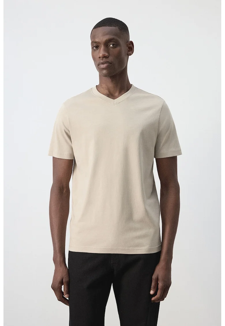 Tricou slim fit cu decolteu in V, Bej