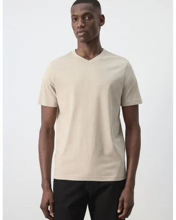 Tricou slim fit cu decolteu in V, Bej