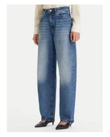Blugi barrel lungi cu talie inalta