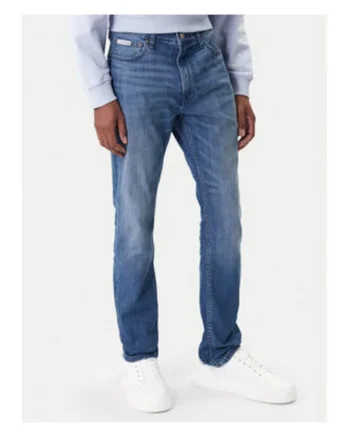 Blugi slim fit cu design decolorat si talie medie