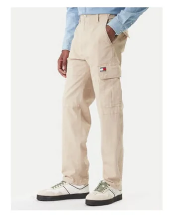 Pantaloni cargo cu talie medie si model uni