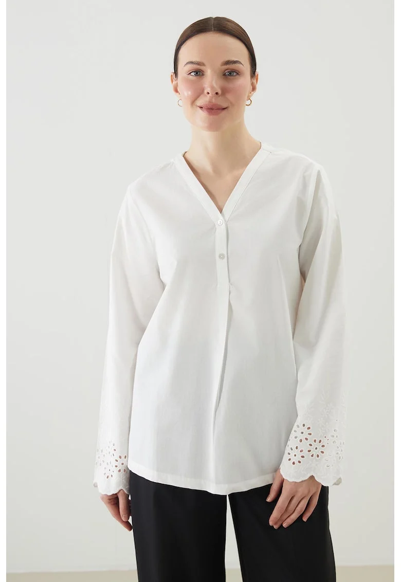 Bluza din bumbac cu broderii din dantela Sangallo, Alb